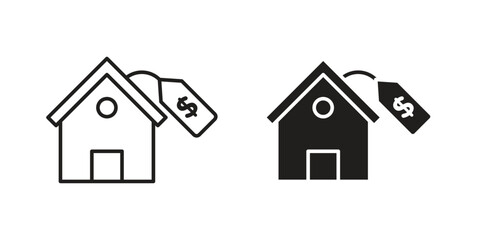 Two simple house icons, one line art and one solid, each with a price tag indicating cost or value. Isolated on white.