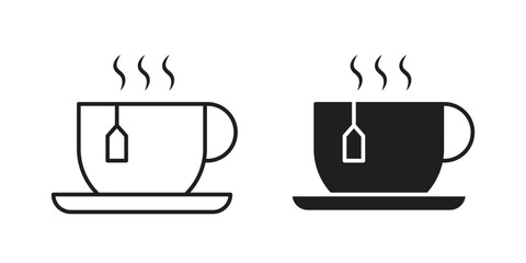 Two simple tea cup icons, one line art and one solid black, both with tea bags and steam, isolated on white.