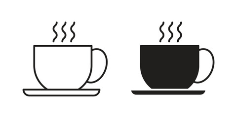 Two coffee cup icons: one line art, one solid black. Both show steam, on saucers. Perfect for websites or apps.