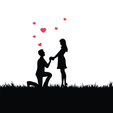 Romantic Silhouette of a Man Proposing to a Woman Amidst Hearts A Sweet Gesture in a Serene Natural Setting