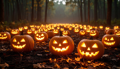 Scattered Carved Pumpkins with Candlelight, Halloween Night Scene
