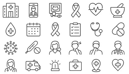 Health care icons representing medical services and wellness concepts in a modern design