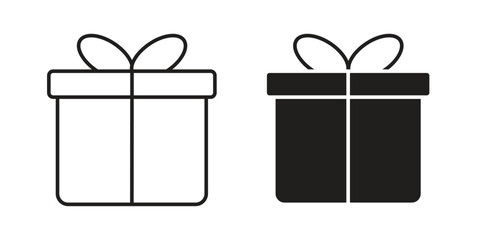 Two gift box icons, one line art and one solid black, isolated on white. Perfect for websites, apps, and presentations.