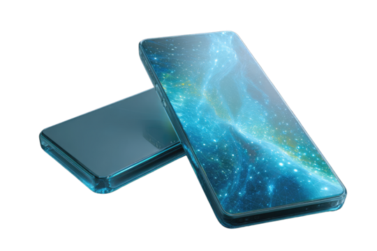 Two smartphones, one with a dynamic blue and teal pattern