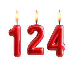 Red number candles 124 glowing and lit for birthday celebration or anniversary transparent background