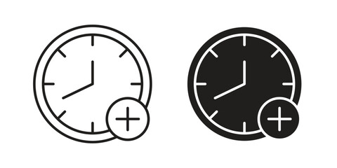 Two clock icons, one line art, one solid, each with a plus sign. Isolated on white.