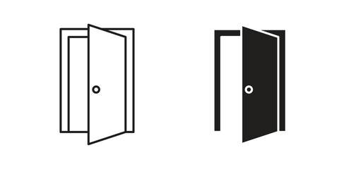 Two simple open door icons: one line art, one solid black. Isolated on white.