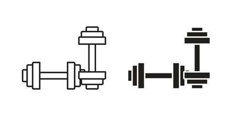 Line art illustration of two dumbbells and a barbell set, isolated on white.