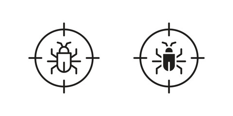 Two simple bug icons, one outlined and one filled, each centered in a crosshair target. Isolated on white.