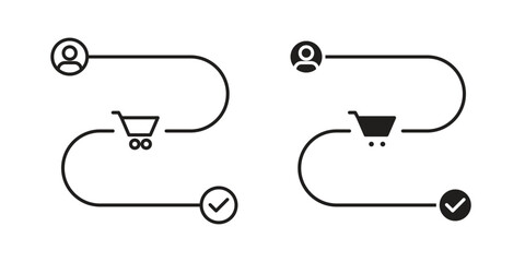 Simple line art icons illustrating an online shopping process from user to cart to confirmation.