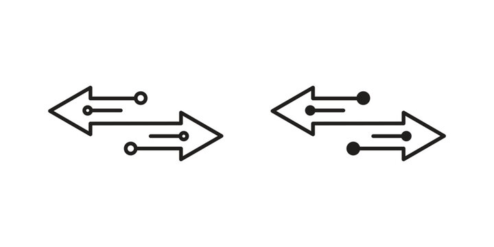 Two arrows with connecting lines and circles, symbolizing data transfer or bidirectional flow. Isolated on white.