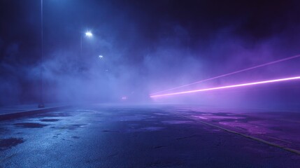 A misty, neon-lit, nighttime street scene