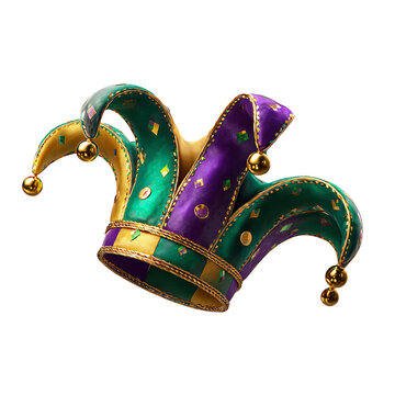 Classic jester hat with bells, in Mardi Gras colors (purple, green, gold), isolated floating PNG on transparent background