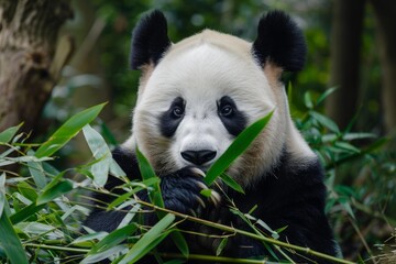 Naklejka premium Giant panda enjoying a meal of fresh bamboo in a vibrant green forest
