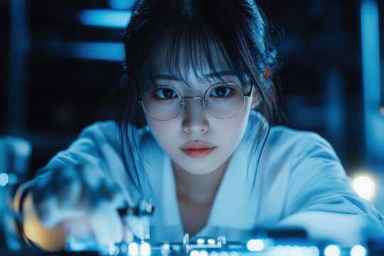 Focused Asian female solderer works on circuit board components in modern electronics lab