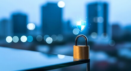 Secure digital future with padlock and shield icon in urban technology background
