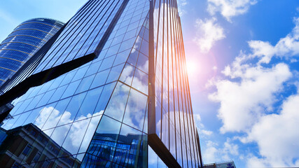 Modern sustainable glass office buildings. Exterior view of corporate headquarters glass buildings...
