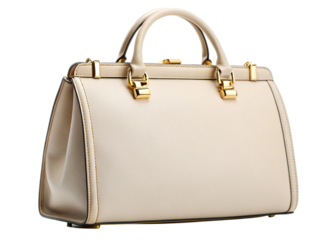 Close up of a cream colored handbag with gold accents on a black background