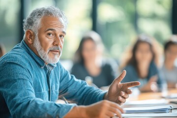 Obraz premium Middle-aged Hispanic male community organizer leads discussion at town hall meeting with engaged residents