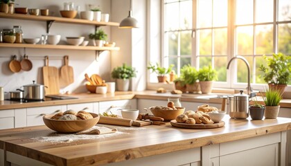 High-quality, professional marketing-style photograph of baking ingredients and tools on a rustic kitchen counter, shot with a 50mm lens, eye-level angle, minimalist composition with clear focal point