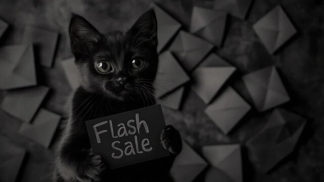 Cute black cat holding flash sale sign with geometric background