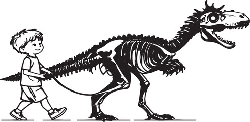 "Boy Walking Dinosaur Illustration | Fun Prehistoric Dinosaur Pet Sketch Art for Kids, Fantasy and Cartoon Design"