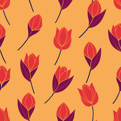 Faded botanical tulip floral seamless pattern with hand drawn sketch style