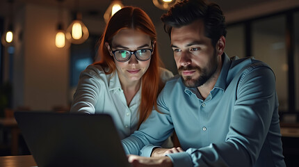 Intense man and woman concentrating on a laptop in a warm, ambient office setting collaboration