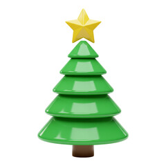 Obraz premium Green cartoon christmas tree with yellow star isolated on transparent background
