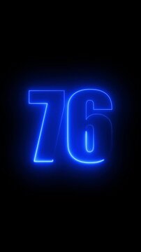 Bright Blue Neon Number 76 Illuminated on Black Background seventy six numeral