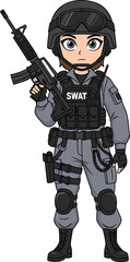 Cartoon SWAT character, black helmet, tactical vest, rifle, gray pants, gloves, boots, PNG, vector, police, gear, action pose