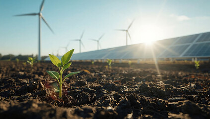 Renewable energy thrives as plants grow near solar panels and wind turbines in a sustainable farming environment
