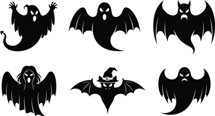 Ghost and bat silhouette grid, six spooky poses, hybrid creatures, Halloween theme, black vector PNG, creepy clipart, wings, cloak