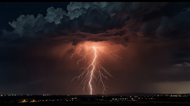 lightning strike over cityscape with glowing clouds and dramatic night sky - Powered by Adobe
