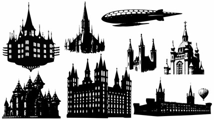 Obraz premium Silhouette illustration of fantasy castles, towers, and an airship against a white background sky scape