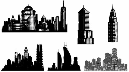 Fototapeta premium Silhouetted cityscape featuring various buildings and skyscrapers in a monochromatic black and white design