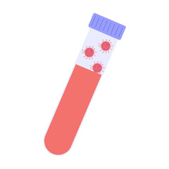 Test tube filled with liquid and virus representations on label.