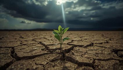 Hopeful green plant emerges from cracked dry earth under dramatic clouds and sunlight