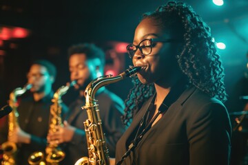 Diverse saxophonists performing live in a vibrant jazz band
