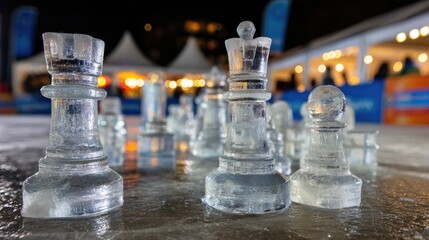 Ice chess pieces on a frozen surface.