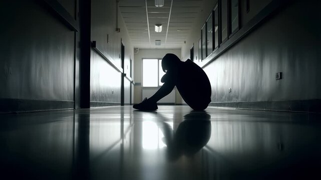 The silhouette of a sad, lonely person sitting on the floor in a dark, empty school hallway, a concept of depression, bullying, anxiety, grief, and serious mental health struggles