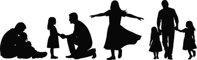 Parent and child silhouette grid, five nurturing poses, family bonding, walking, hugging, holding hands, black vector PNG, clipart