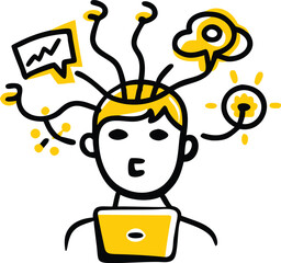 Person laptop ideas cloud sun mind thinking brainstorming collection of vector illustration