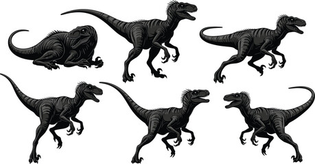Velociraptor silhouette grid, six dynamic dinosaur poses, running, crouching, standing, claws, tail, black vector PNG, clipart