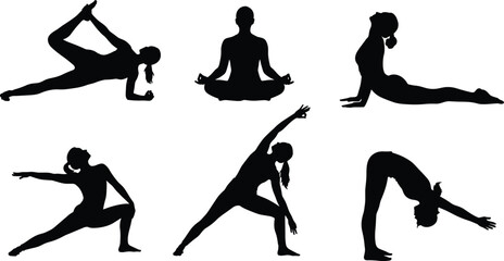 Obraz premium Yoga silhouette grid, six poses, black vector PNG, meditation, stretching, warrior, cobra, forward bend, fitness clipart, calm