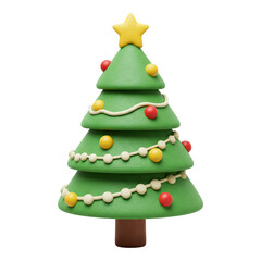 Cute cartoon christmas tree with ornaments and star isolated on transparent background