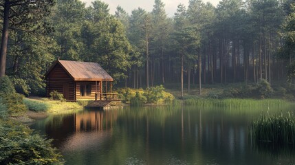 Obraz premium A serene log cabin by a tranquil lake, surrounded by lush trees, creating a peaceful retreat in nature.