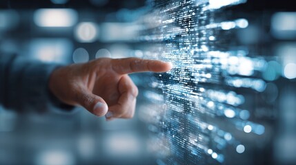 Closeup medium shot of a hand pointing to encrypted data nodes on a digital map background office space intentionally blurred to stress data security.