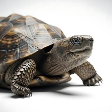 A close up of a turtle on a white studio background