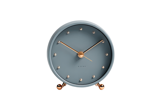 Gray round clock with rose gold accents